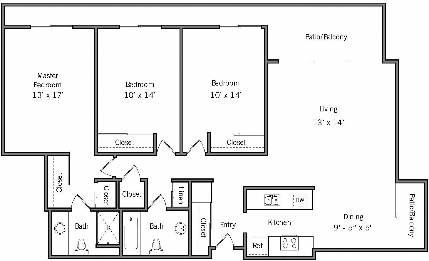Floor plan for 3 beds, 2 baths, 1235 sqft